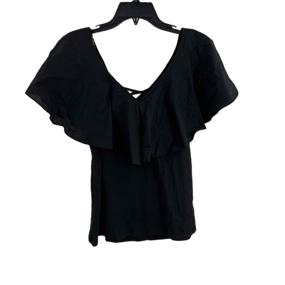 Who What Wear Black V Neck Ruffle Detail Short Sleeve Knit Stretch Blouse Medium